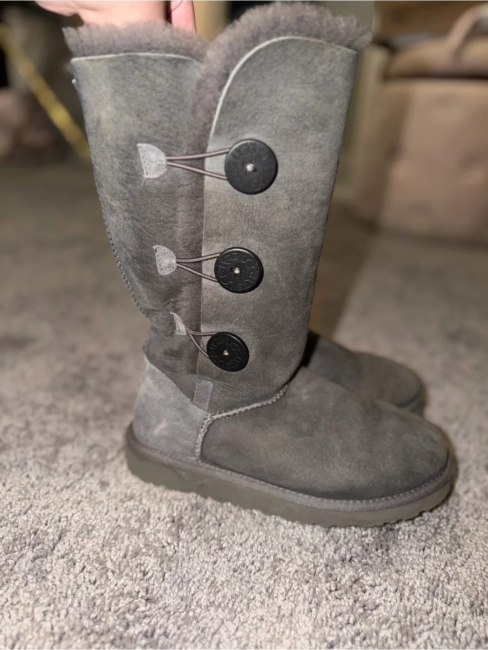 UGG Australia Bailey Button Triplet II Tall Boots Grey Suede Size 7